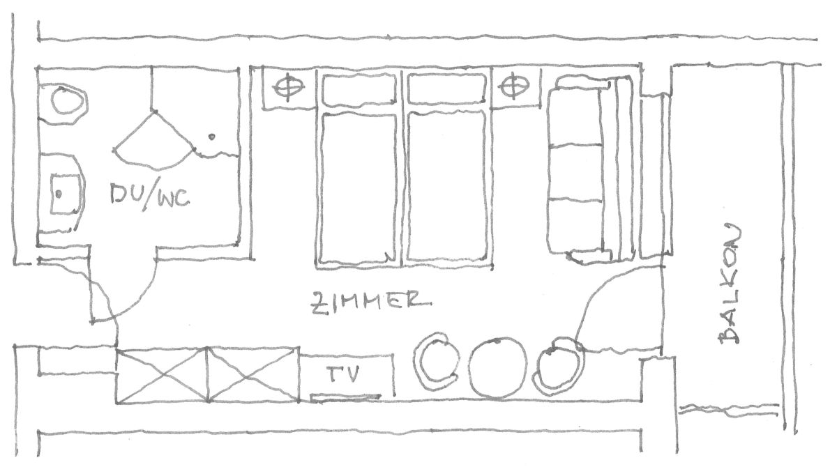 Grundriss des Komfortzimmers im Landhotel Tirolerhof in Oberau in der Wildschönau mit Balkon, Schlafzimmer und Badezimmer