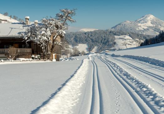 Perfekt präparierte Langlaufloipe in Oberau in der Wildschönau im Winter mit verschneiter Landschaft und Blick auf die Tiroler Berge nahe Landhotel Tirolerhof