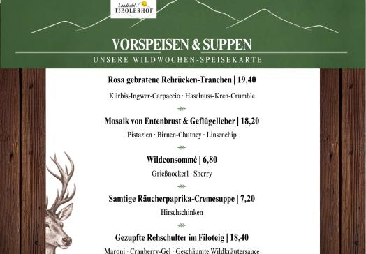 Vorspeisen und Suppen der Wildwoche 2026 im Landhotel Tirolerhof in der Wildschönau mit Rehrücken-Tranchen, Mosaik von der Wildente, Wild-Consommé und Räucherpaprika-Suppe.