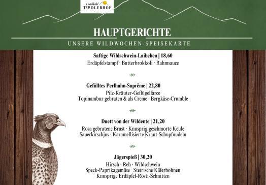 Hauptgerichte der Wildwoche 2026 im Landhotel Tirolerhof mit Jägerspieß aus Hirsch, Reh und Wildschwein, Wildschwein-Laibchen, gefülltem Perlhuhn-Suprême und Duett von der Wildente.