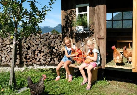 Kinder beim Füttern von Hühnern auf einem Bauernhof in der Wildschönau in Tirol mit ländlicher Umgebung nahe Landhotel Tirolerhof Oberau