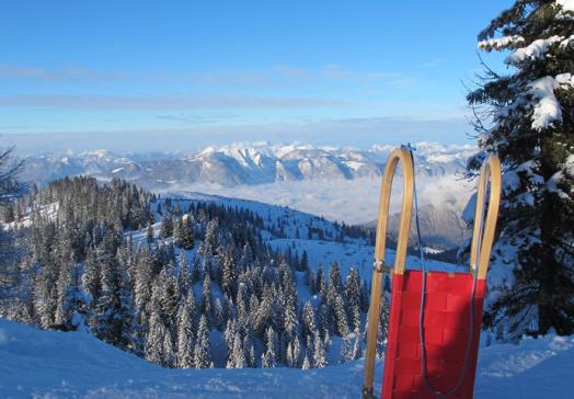 Rodel am Markbachjoch in der Wildschönau mit Blick auf verschneite Berge und Winterlandschaft in Tirol nahe Landhotel Tirolerhof Oberau