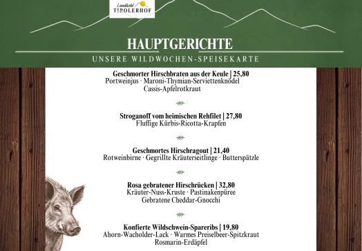 Hauptgerichte der Wildwoche 2026 im Landhotel Tirolerhof mit Hirschrücken, Wildschwein-Spareribs, Hirschbraten, Stroganoff vom Rehfilet und Hirschragout.