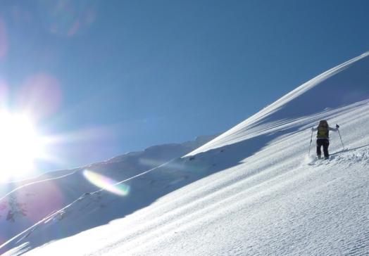 Person ski touring in Wildschönau in Tyrol on a snowy mountain slope with sunshine and winter landscape near Landhotel Tirolerhof Oberau