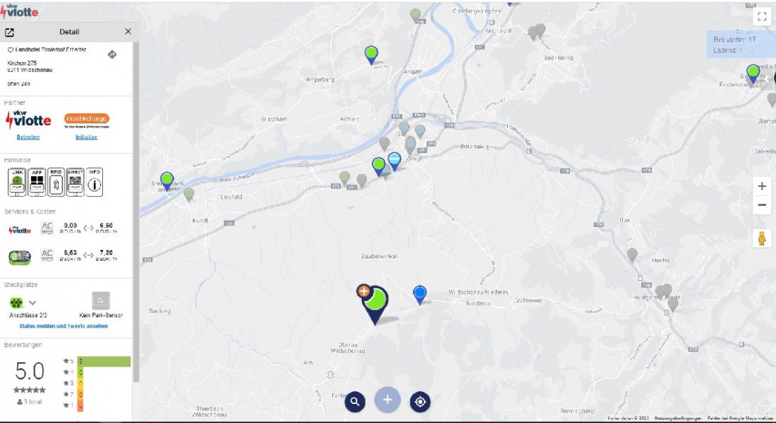 Overview map of the Wildschönau region e-charging stations