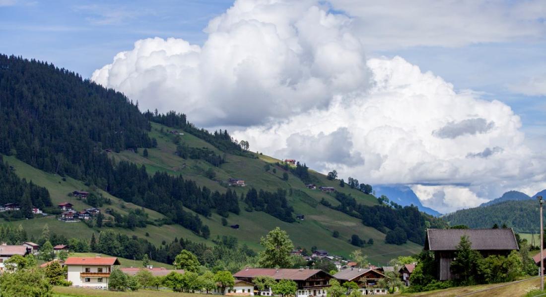 View of the Tyrolean mountains in Wildschönau near the Landhotel Tirolerhof in Oberau